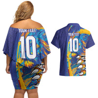Custom Saint Lucia Cricket Kings Couples Matching Off Shoulder Short Dress and Hawaiian Shirt Power Lions of Caribbean - Wonder Print Shop