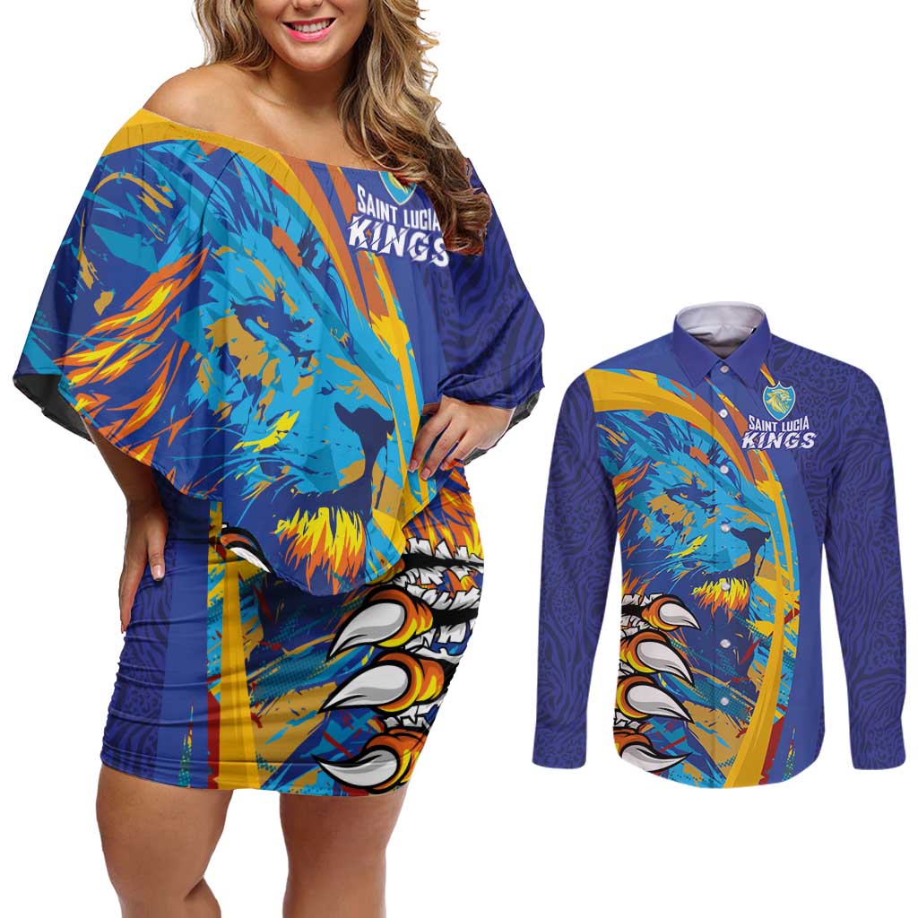 Custom Saint Lucia Cricket Kings Couples Matching Off Shoulder Short Dress and Long Sleeve Button Shirt Power Lions of Caribbean - Wonder Print Shop