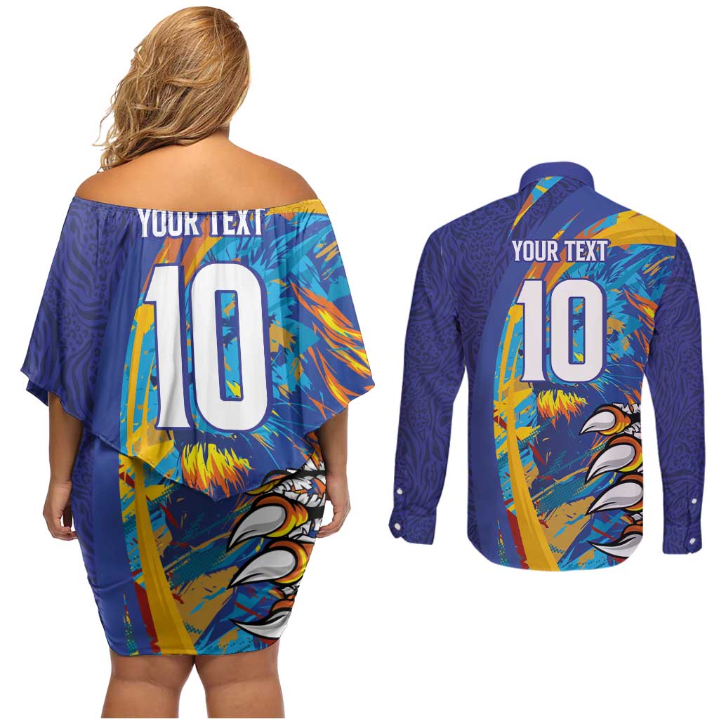 Custom Saint Lucia Cricket Kings Couples Matching Off Shoulder Short Dress and Long Sleeve Button Shirt Power Lions of Caribbean - Wonder Print Shop