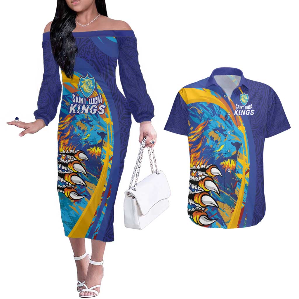Custom Saint Lucia Cricket Kings Couples Matching Off The Shoulder Long Sleeve Dress and Hawaiian Shirt Power Lions of Caribbean - Wonder Print Shop