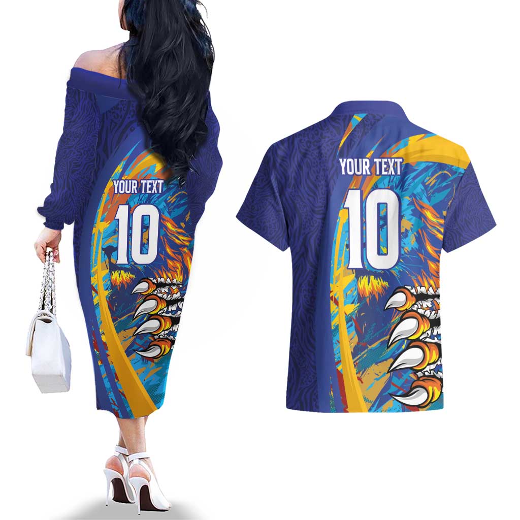 Custom Saint Lucia Cricket Kings Couples Matching Off The Shoulder Long Sleeve Dress and Hawaiian Shirt Power Lions of Caribbean - Wonder Print Shop