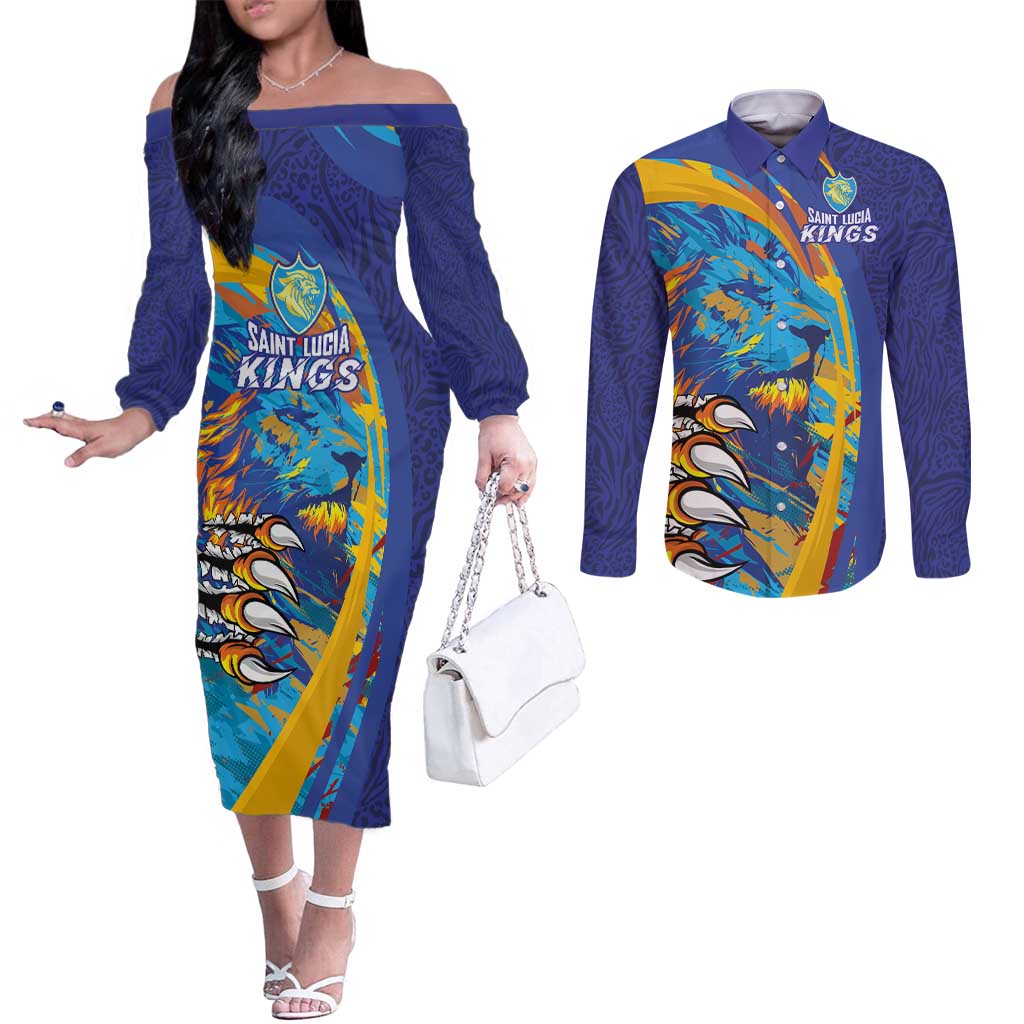 Custom Saint Lucia Cricket Kings Couples Matching Off The Shoulder Long Sleeve Dress and Long Sleeve Button Shirt Power Lions of Caribbean - Wonder Print Shop