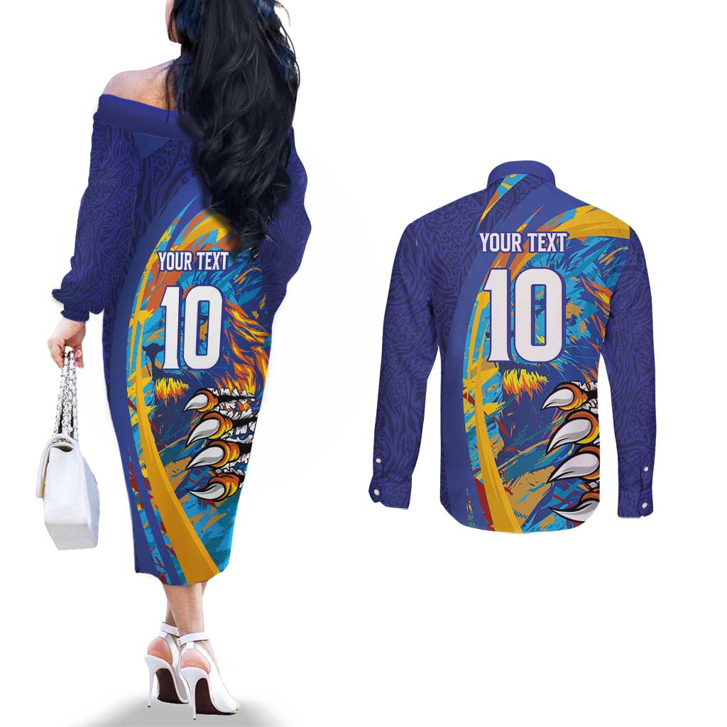 Custom Saint Lucia Cricket Kings Couples Matching Off The Shoulder Long Sleeve Dress and Long Sleeve Button Shirt Power Lions of Caribbean - Wonder Print Shop