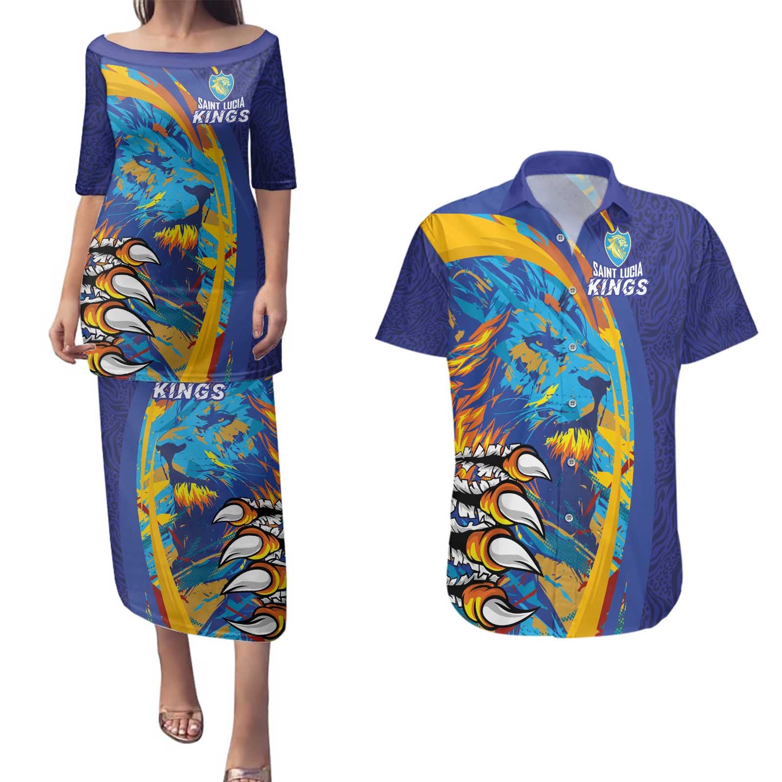 Custom Saint Lucia Cricket Kings Couples Matching Puletasi and Hawaiian Shirt Power Lions of Caribbean - Wonder Print Shop
