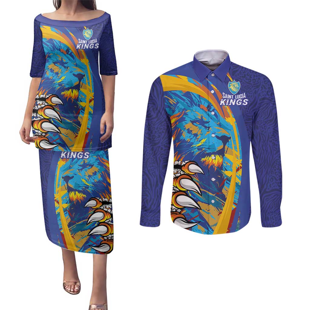 Custom Saint Lucia Cricket Kings Couples Matching Puletasi and Long Sleeve Button Shirt Power Lions of Caribbean - Wonder Print Shop