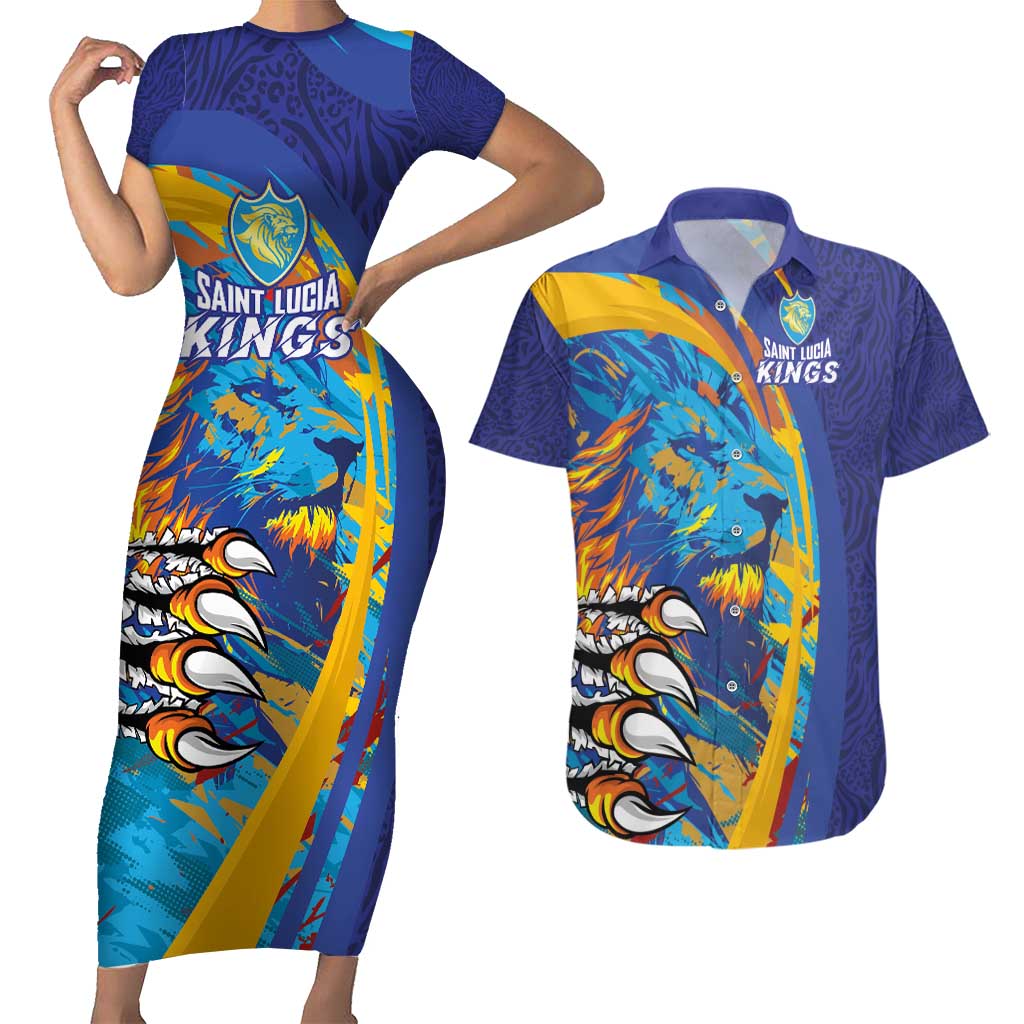 Custom Saint Lucia Cricket Kings Couples Matching Short Sleeve Bodycon Dress and Hawaiian Shirt Power Lions of Caribbean - Wonder Print Shop