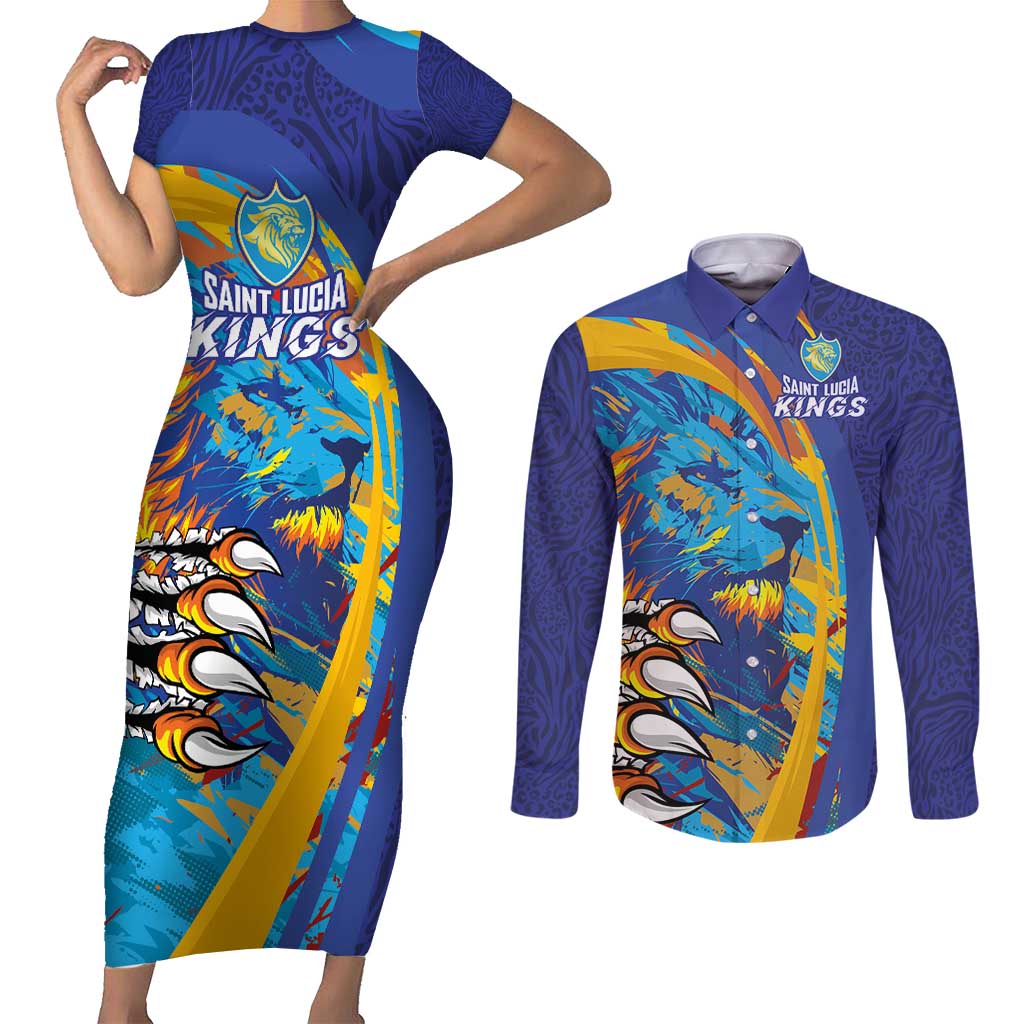 Custom Saint Lucia Cricket Kings Couples Matching Short Sleeve Bodycon Dress and Long Sleeve Button Shirt Power Lions of Caribbean - Wonder Print Shop
