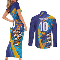 Custom Saint Lucia Cricket Kings Couples Matching Short Sleeve Bodycon Dress and Long Sleeve Button Shirt Power Lions of Caribbean - Wonder Print Shop