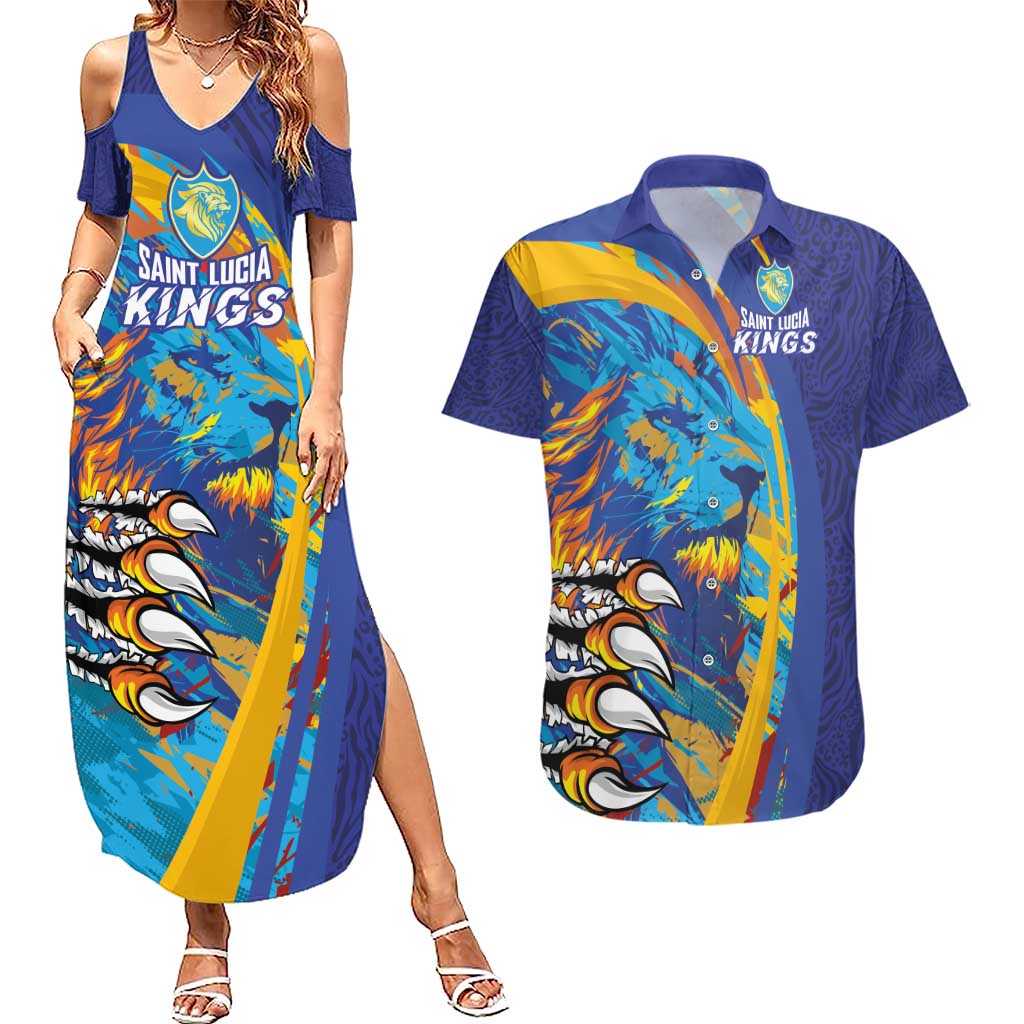 Custom Saint Lucia Cricket Kings Couples Matching Summer Maxi Dress and Hawaiian Shirt Power Lions of Caribbean - Wonder Print Shop