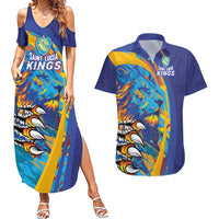 Custom Saint Lucia Cricket Kings Couples Matching Summer Maxi Dress and Hawaiian Shirt Power Lions of Caribbean - Wonder Print Shop