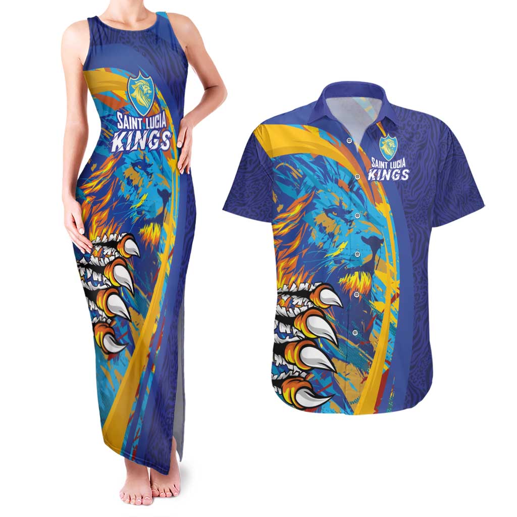 Custom Saint Lucia Cricket Kings Couples Matching Tank Maxi Dress and Hawaiian Shirt Power Lions of Caribbean - Wonder Print Shop