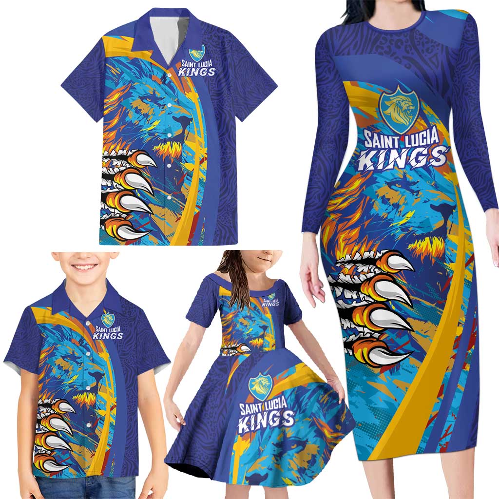 Custom Saint Lucia Cricket Kings Family Matching Long Sleeve Bodycon Dress and Hawaiian Shirt Power Lions of Caribbean - Wonder Print Shop