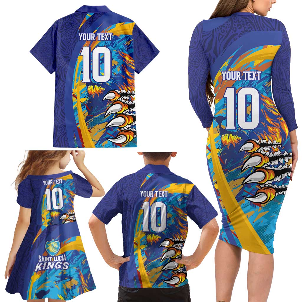 Custom Saint Lucia Cricket Kings Family Matching Long Sleeve Bodycon Dress and Hawaiian Shirt Power Lions of Caribbean - Wonder Print Shop