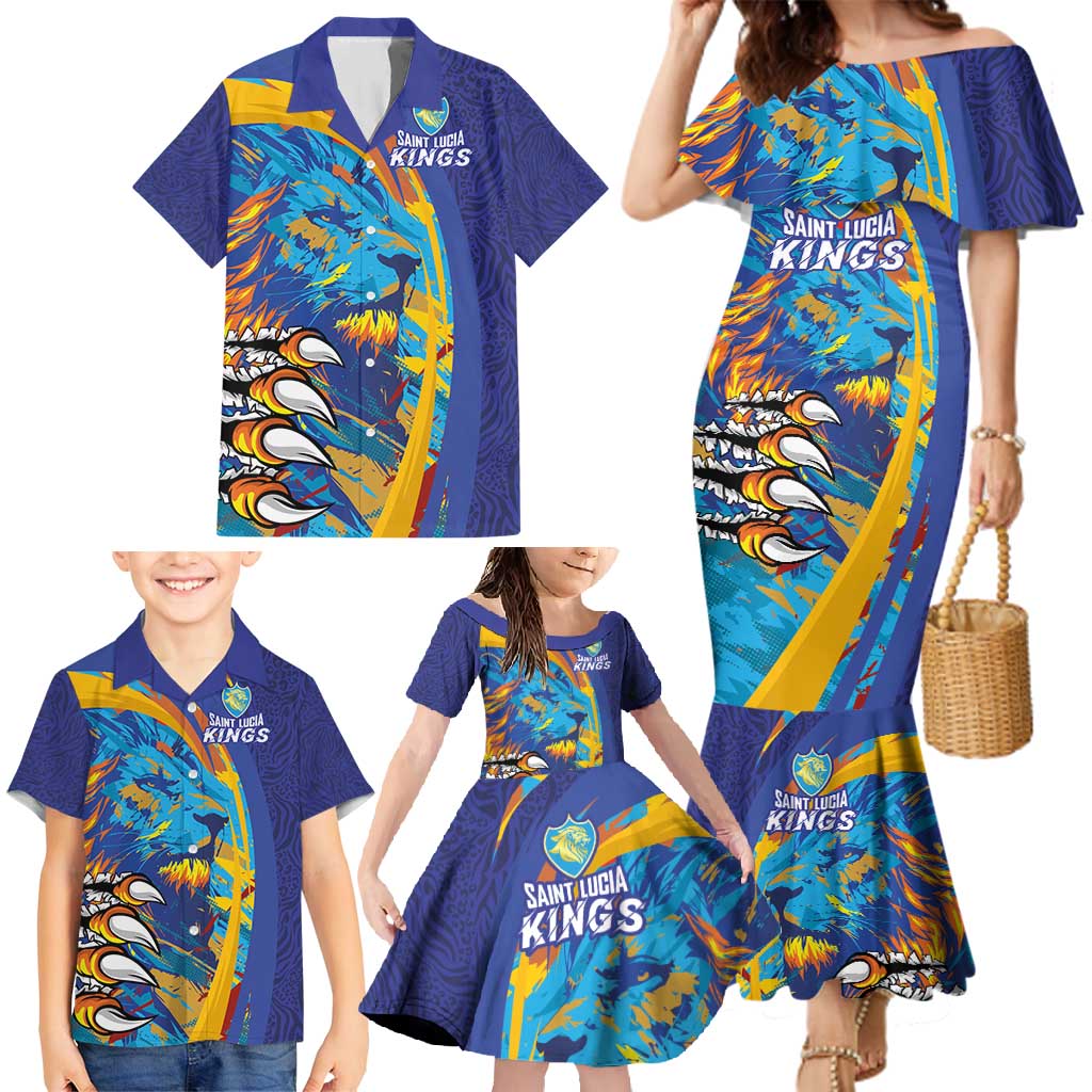 Custom Saint Lucia Cricket Kings Family Matching Mermaid Dress and Hawaiian Shirt Power Lions of Caribbean - Wonder Print Shop
