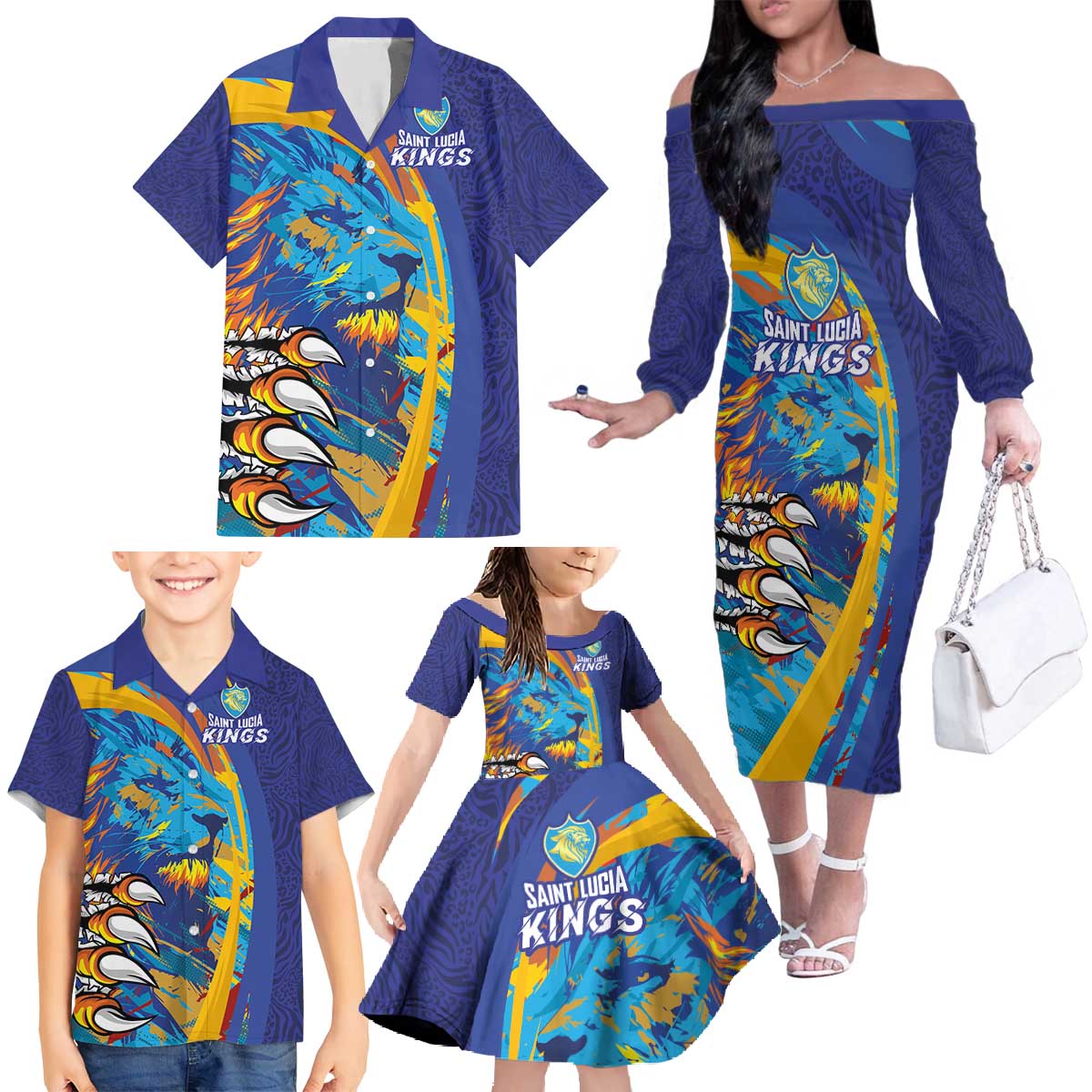 Custom Saint Lucia Cricket Kings Family Matching Off The Shoulder Long Sleeve Dress and Hawaiian Shirt Power Lions of Caribbean - Wonder Print Shop
