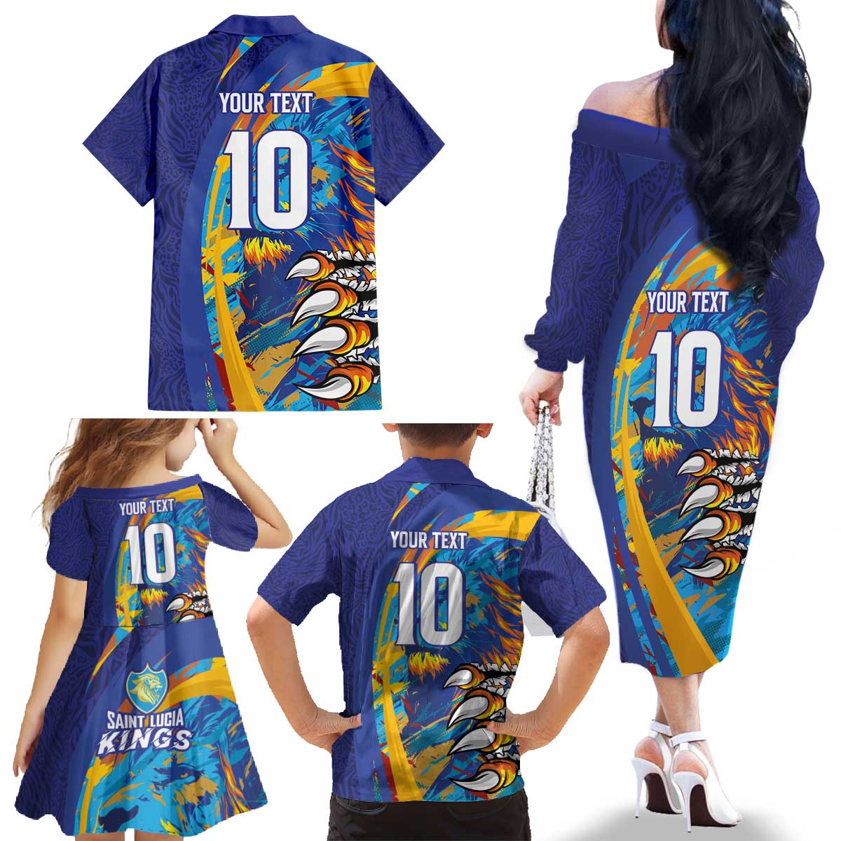Custom Saint Lucia Cricket Kings Family Matching Off The Shoulder Long Sleeve Dress and Hawaiian Shirt Power Lions of Caribbean - Wonder Print Shop