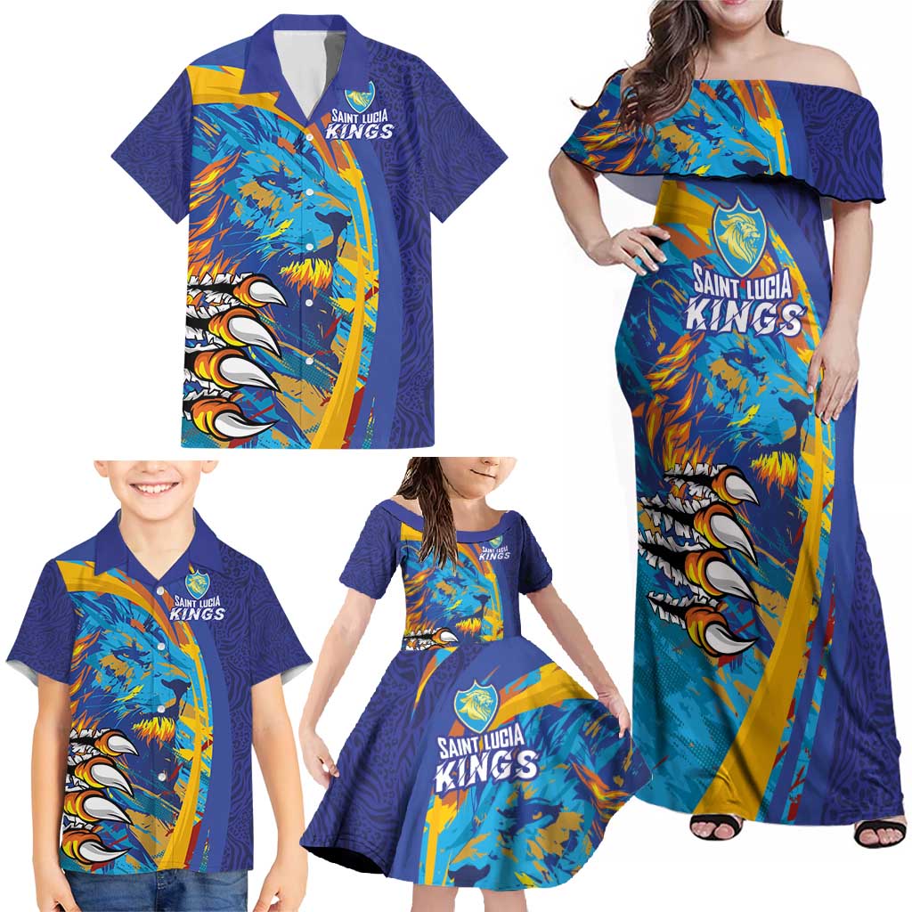 Custom Saint Lucia Cricket Kings Family Matching Off Shoulder Maxi Dress and Hawaiian Shirt Power Lions of Caribbean - Wonder Print Shop