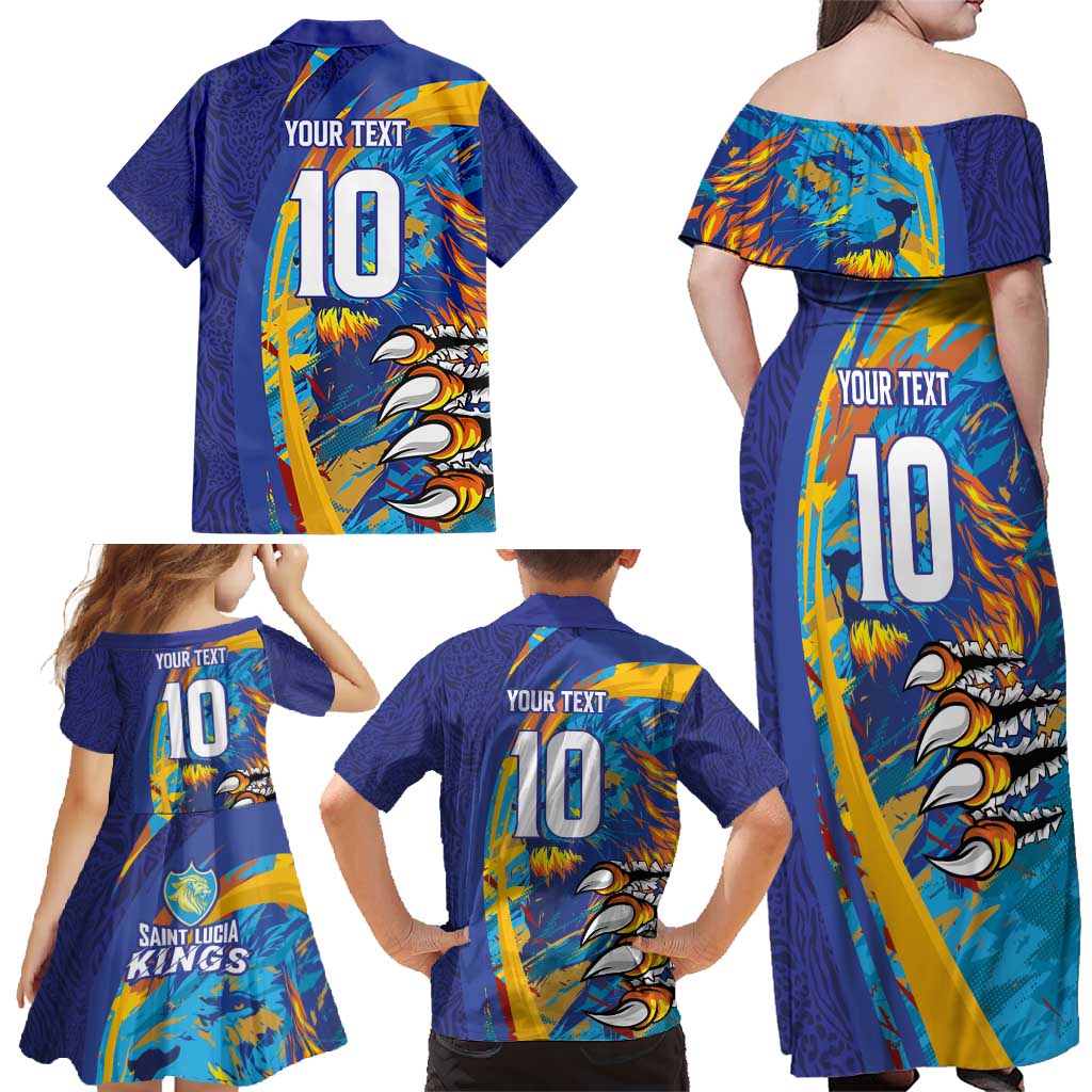 Custom Saint Lucia Cricket Kings Family Matching Off Shoulder Maxi Dress and Hawaiian Shirt Power Lions of Caribbean - Wonder Print Shop