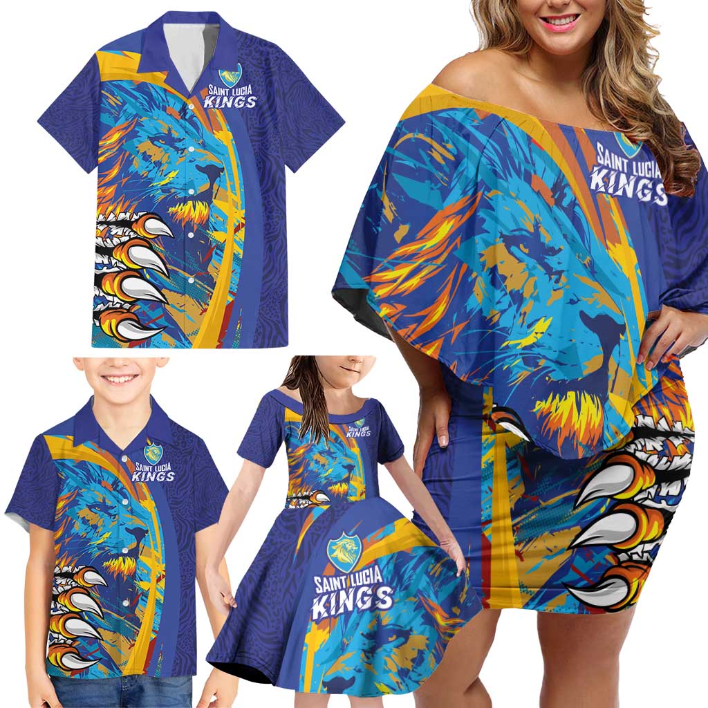 Custom Saint Lucia Cricket Kings Family Matching Off Shoulder Short Dress and Hawaiian Shirt Power Lions of Caribbean - Wonder Print Shop