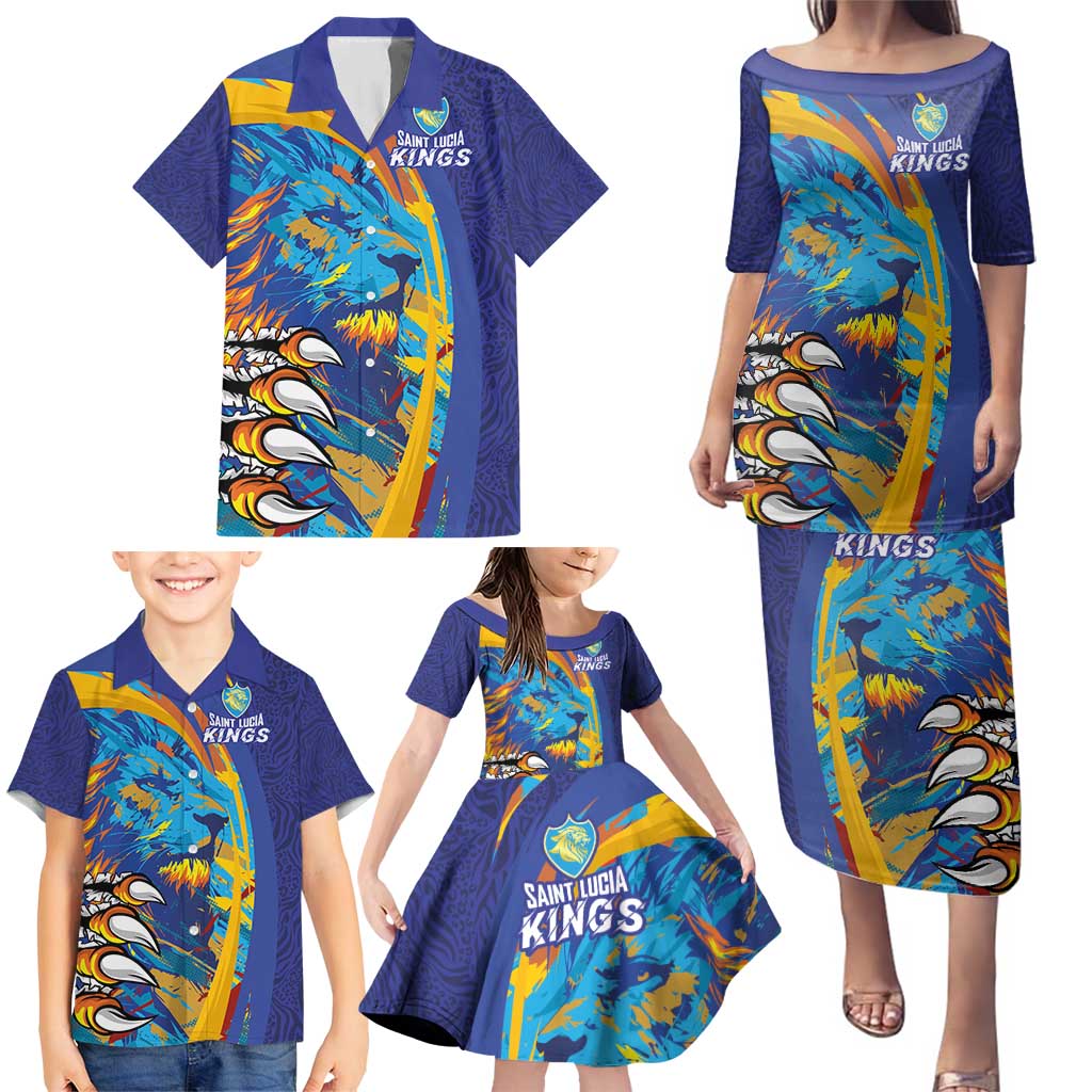 Custom Saint Lucia Cricket Kings Family Matching Puletasi and Hawaiian Shirt Power Lions of Caribbean - Wonder Print Shop