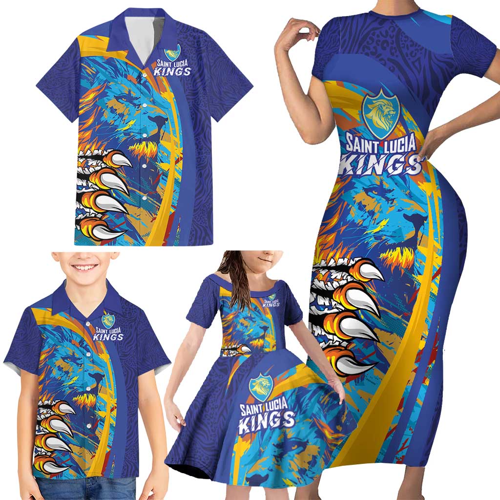 Custom Saint Lucia Cricket Kings Family Matching Short Sleeve Bodycon Dress and Hawaiian Shirt Power Lions of Caribbean - Wonder Print Shop