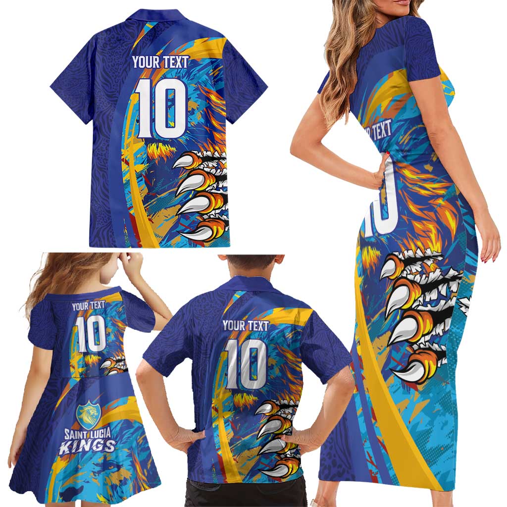 Custom Saint Lucia Cricket Kings Family Matching Short Sleeve Bodycon Dress and Hawaiian Shirt Power Lions of Caribbean - Wonder Print Shop