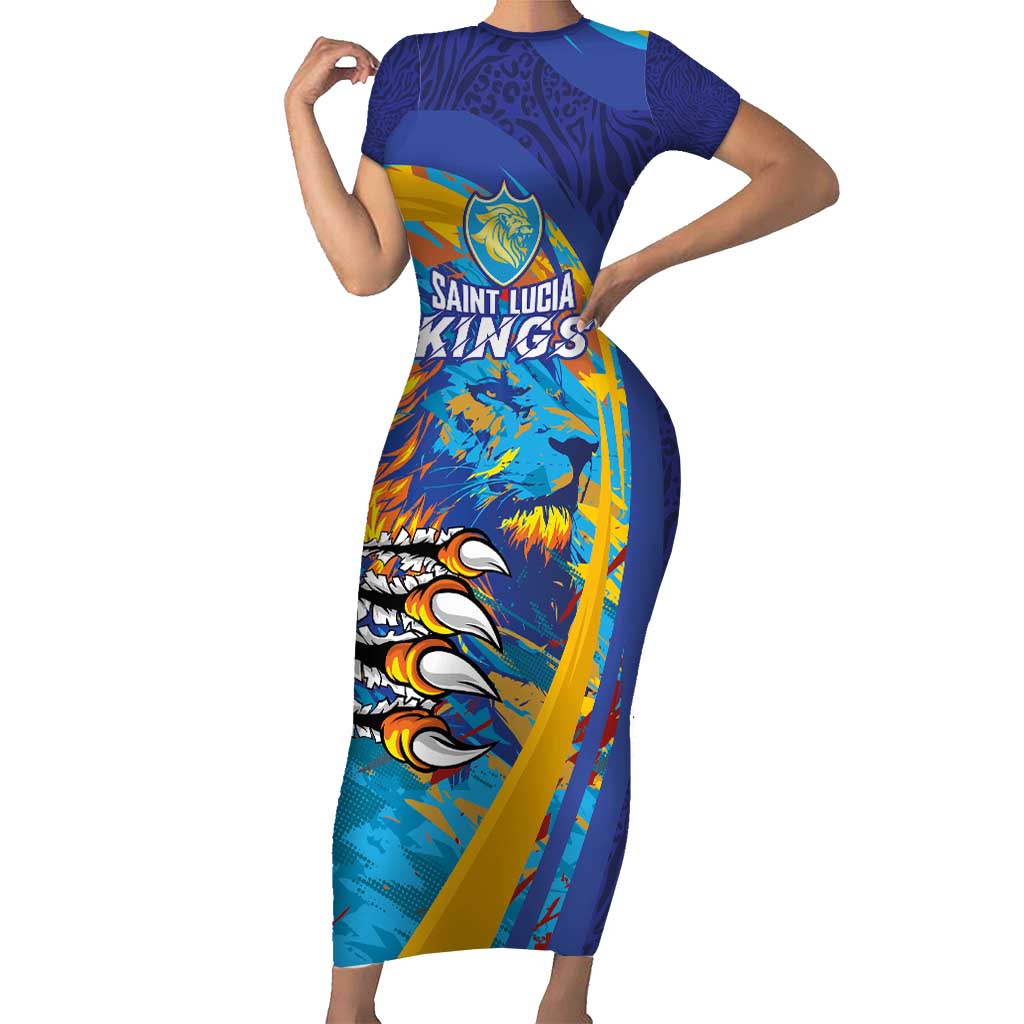 Custom Saint Lucia Cricket Kings Family Matching Short Sleeve Bodycon Dress and Hawaiian Shirt Power Lions of Caribbean - Wonder Print Shop