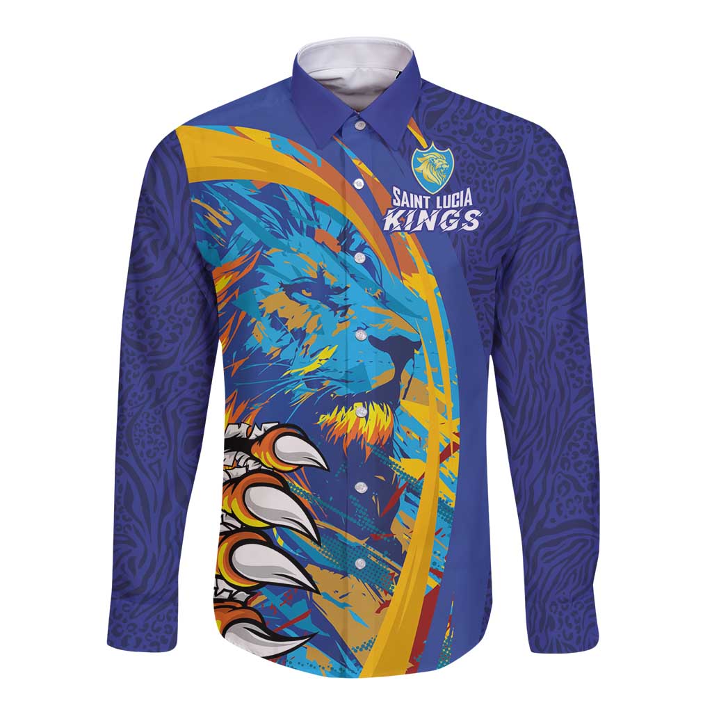 Custom Saint Lucia Cricket Kings Long Sleeve Button Shirt Power Lions of Caribbean - Wonder Print Shop