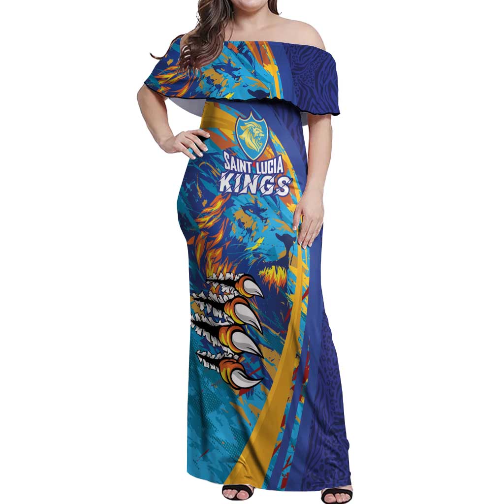 Custom Saint Lucia Cricket Kings Off Shoulder Maxi Dress Power Lions of Caribbean - Wonder Print Shop