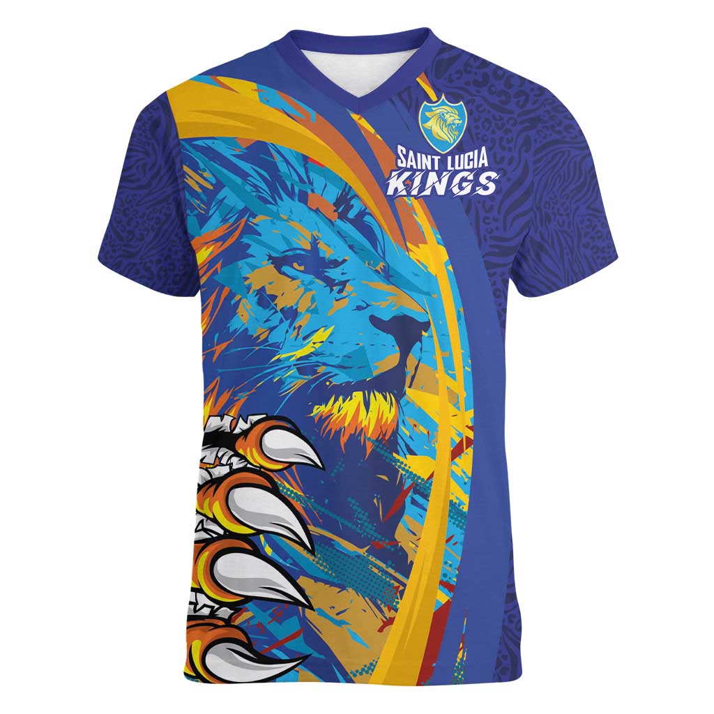 Custom Saint Lucia Cricket Kings Women V-Neck T-Shirt Power Lions of Caribbean - Wonder Print Shop