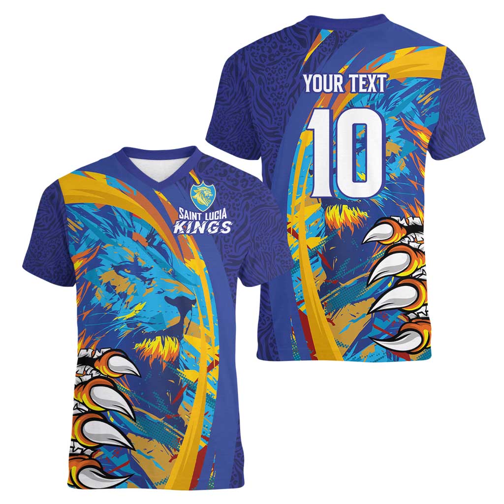 Custom Saint Lucia Cricket Kings Women V-Neck T-Shirt Power Lions of Caribbean - Wonder Print Shop