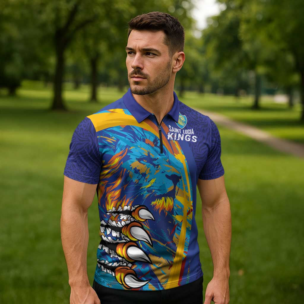 Custom Saint Lucia Cricket Kings Zipper Polo Shirt Power Lions of Caribbean - Wonder Print Shop