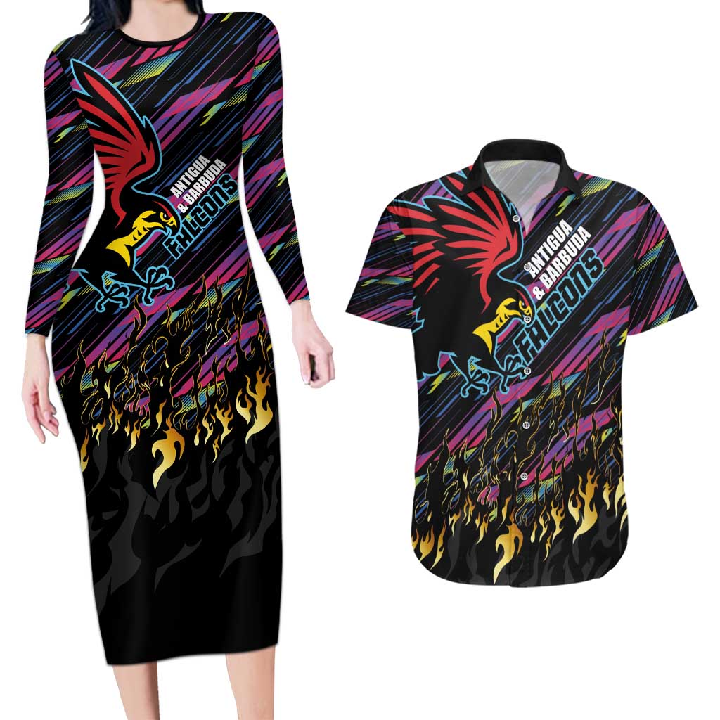 Custom Antigua & Barbuda Cricket Falcons Couples Matching Long Sleeve Bodycon Dress and Hawaiian Shirt Through The Fire - Wonder Print Shop
