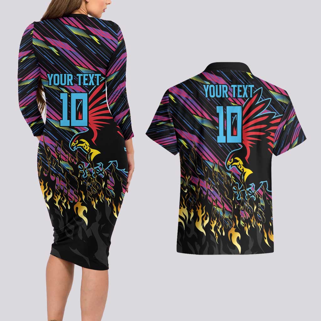 Custom Antigua & Barbuda Cricket Falcons Couples Matching Long Sleeve Bodycon Dress and Hawaiian Shirt Through The Fire - Wonder Print Shop