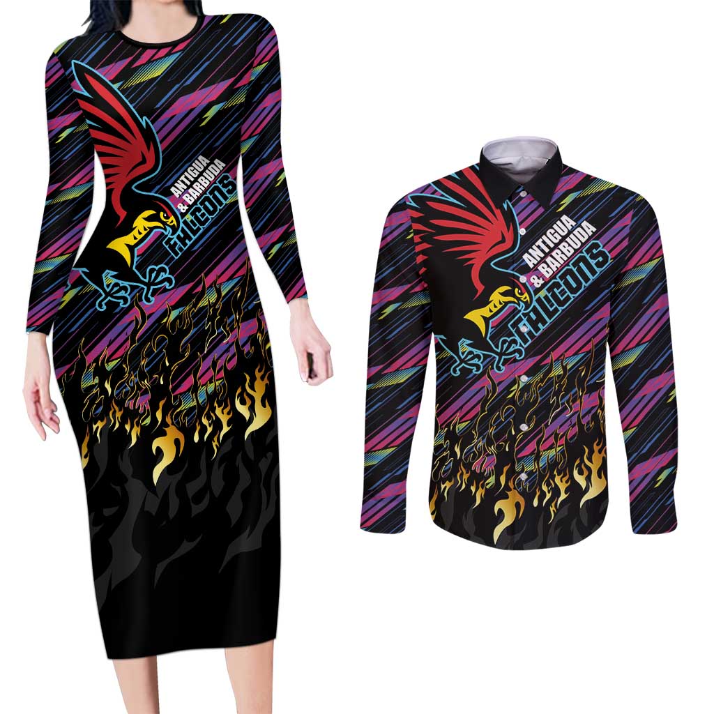 Custom Antigua & Barbuda Cricket Falcons Couples Matching Long Sleeve Bodycon Dress and Long Sleeve Button Shirt Through The Fire - Wonder Print Shop