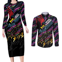 Custom Antigua & Barbuda Cricket Falcons Couples Matching Long Sleeve Bodycon Dress and Long Sleeve Button Shirt Through The Fire - Wonder Print Shop