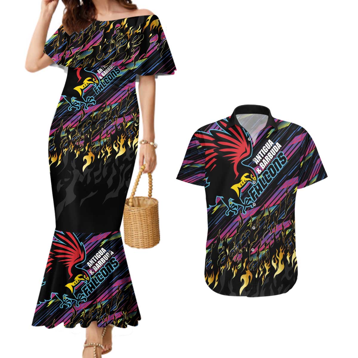 Custom Antigua & Barbuda Cricket Falcons Couples Matching Mermaid Dress and Hawaiian Shirt Through The Fire - Wonder Print Shop