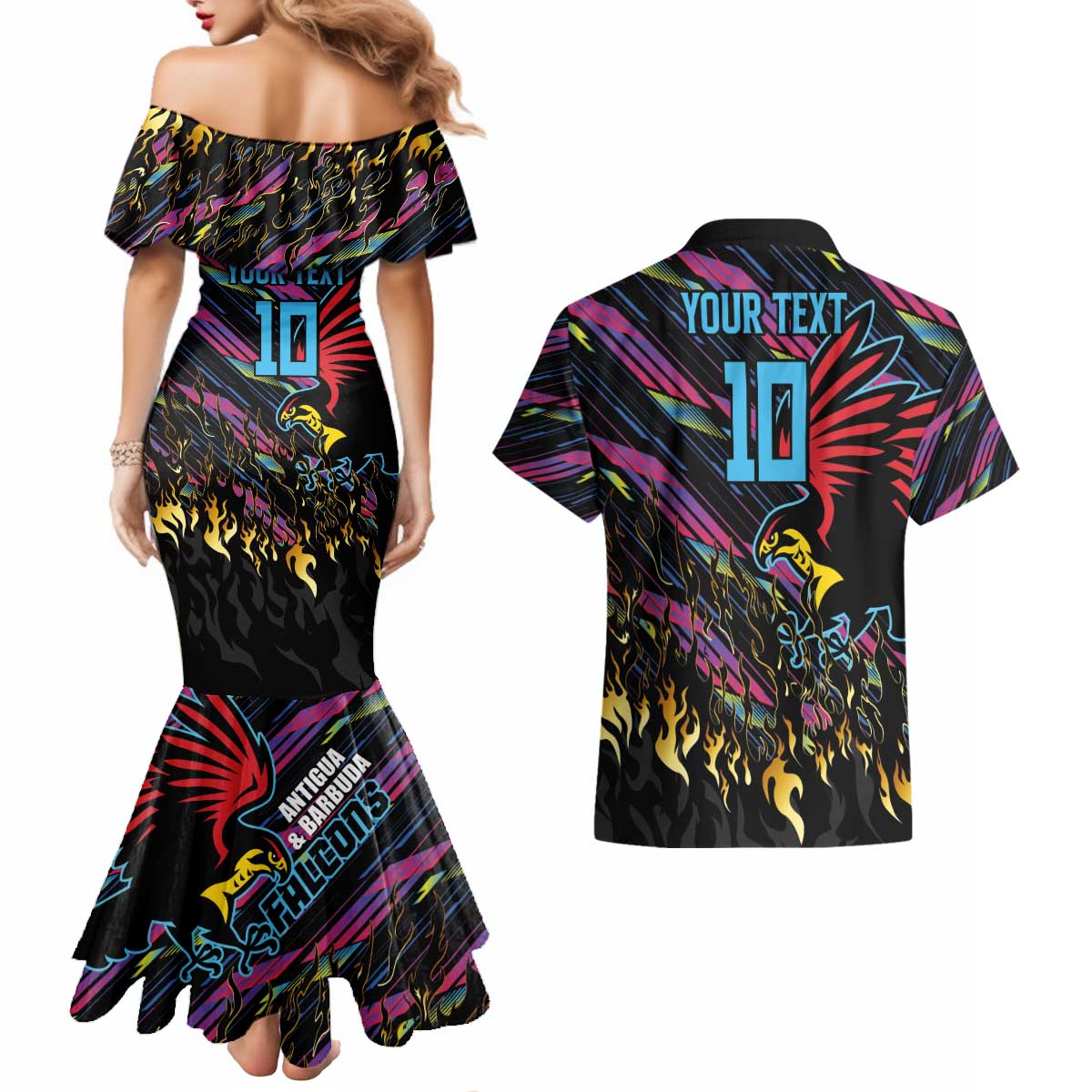 Custom Antigua & Barbuda Cricket Falcons Couples Matching Mermaid Dress and Hawaiian Shirt Through The Fire - Wonder Print Shop
