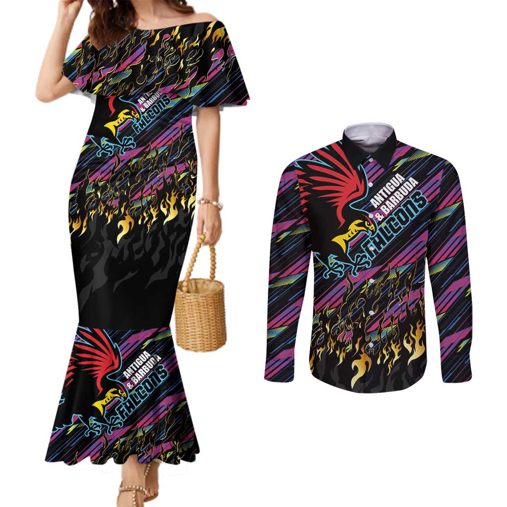 Custom Antigua & Barbuda Cricket Falcons Couples Matching Mermaid Dress and Long Sleeve Button Shirt Through The Fire - Wonder Print Shop