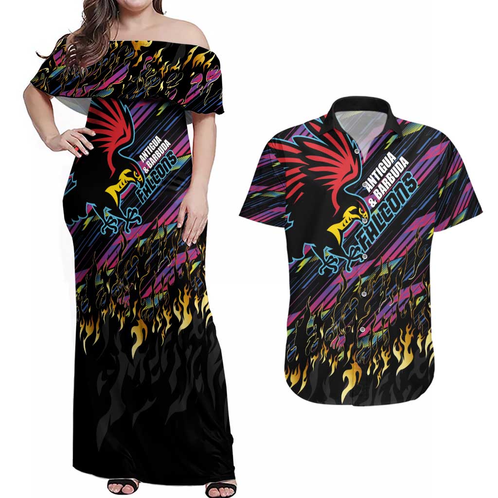 Custom Antigua & Barbuda Cricket Falcons Couples Matching Off Shoulder Maxi Dress and Hawaiian Shirt Through The Fire - Wonder Print Shop