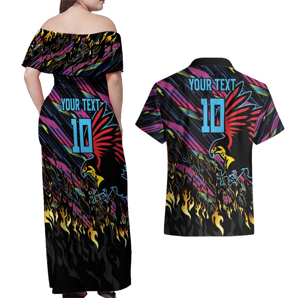 Custom Antigua & Barbuda Cricket Falcons Couples Matching Off Shoulder Maxi Dress and Hawaiian Shirt Through The Fire - Wonder Print Shop