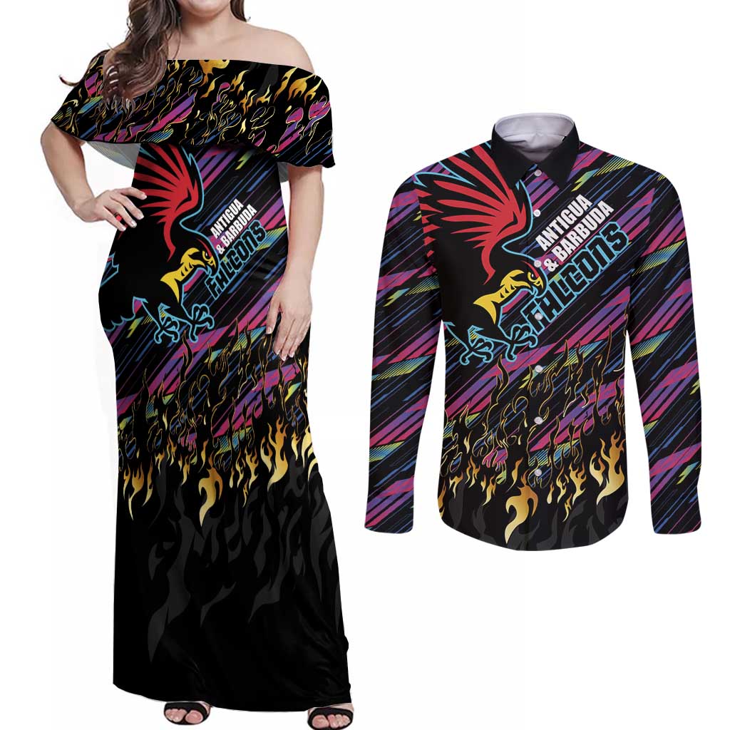 Custom Antigua & Barbuda Cricket Falcons Couples Matching Off Shoulder Maxi Dress and Long Sleeve Button Shirt Through The Fire - Wonder Print Shop