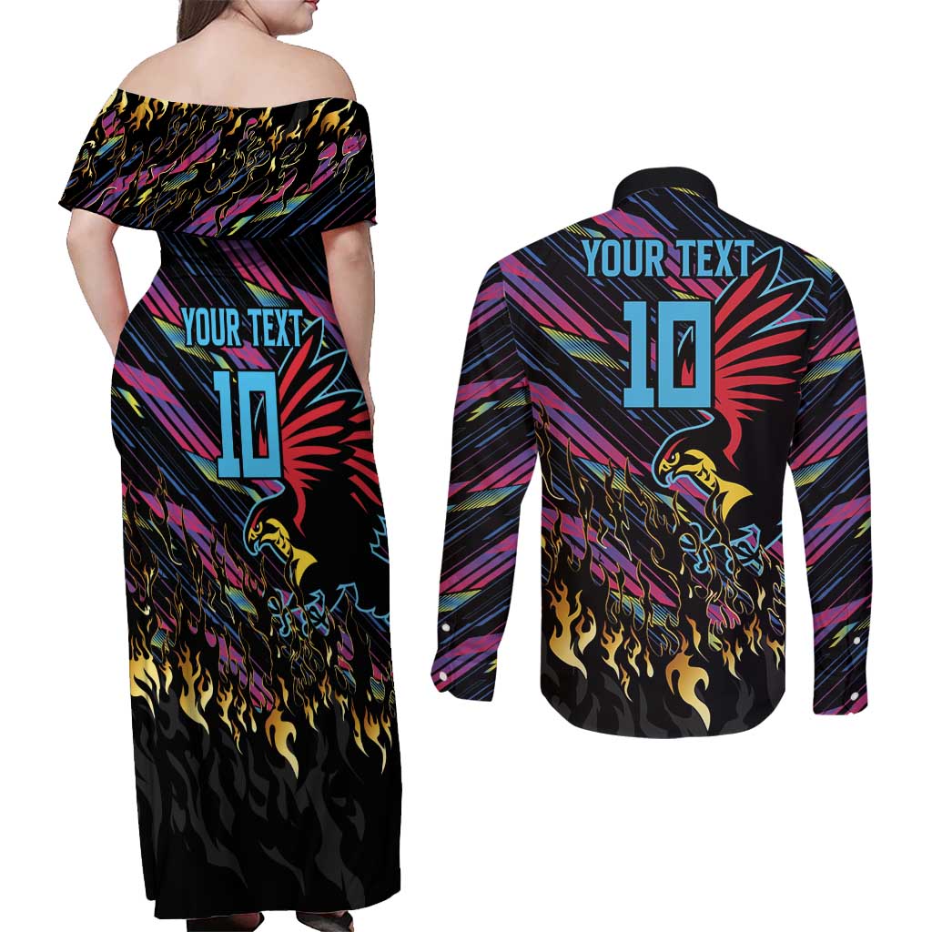 Custom Antigua & Barbuda Cricket Falcons Couples Matching Off Shoulder Maxi Dress and Long Sleeve Button Shirt Through The Fire - Wonder Print Shop
