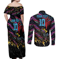 Custom Antigua & Barbuda Cricket Falcons Couples Matching Off Shoulder Maxi Dress and Long Sleeve Button Shirt Through The Fire - Wonder Print Shop