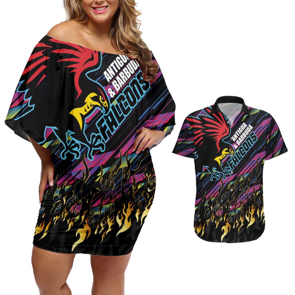 Custom Antigua & Barbuda Cricket Falcons Couples Matching Off Shoulder Short Dress and Hawaiian Shirt Through The Fire - Wonder Print Shop