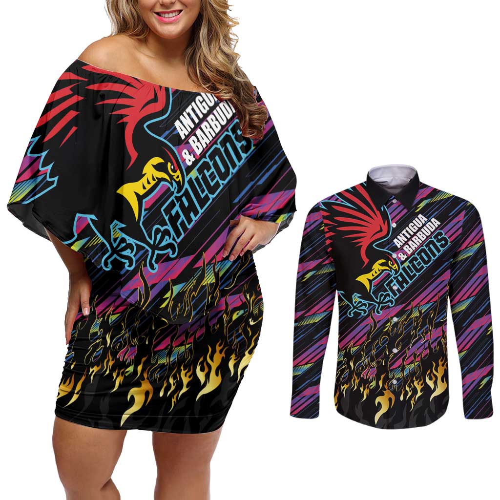 Custom Antigua & Barbuda Cricket Falcons Couples Matching Off Shoulder Short Dress and Long Sleeve Button Shirt Through The Fire - Wonder Print Shop