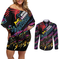 Custom Antigua & Barbuda Cricket Falcons Couples Matching Off Shoulder Short Dress and Long Sleeve Button Shirt Through The Fire - Wonder Print Shop