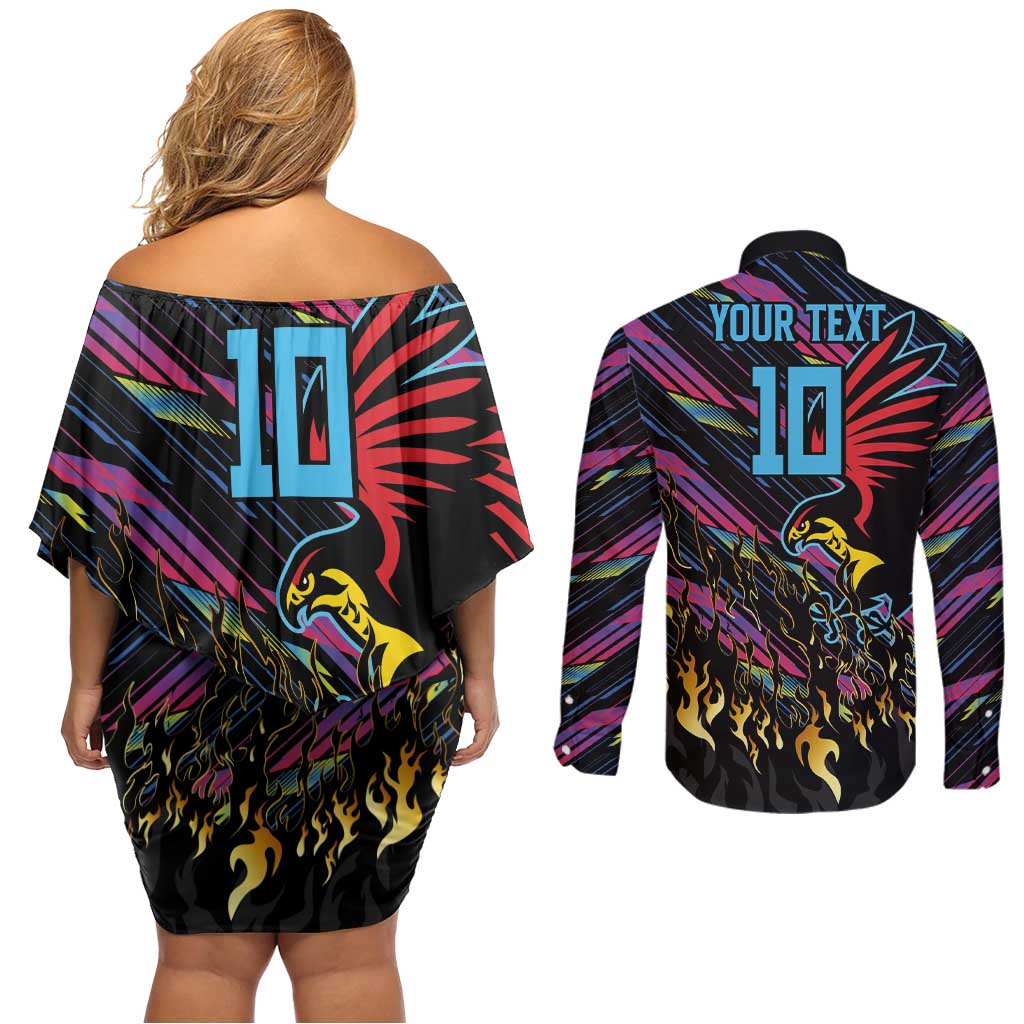 Custom Antigua & Barbuda Cricket Falcons Couples Matching Off Shoulder Short Dress and Long Sleeve Button Shirt Through The Fire - Wonder Print Shop