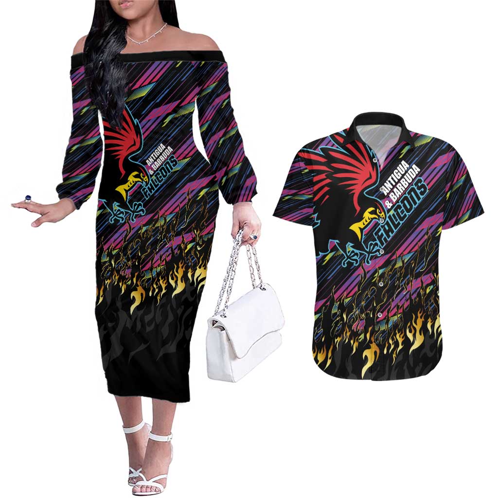Custom Antigua & Barbuda Cricket Falcons Couples Matching Off The Shoulder Long Sleeve Dress and Hawaiian Shirt Through The Fire - Wonder Print Shop