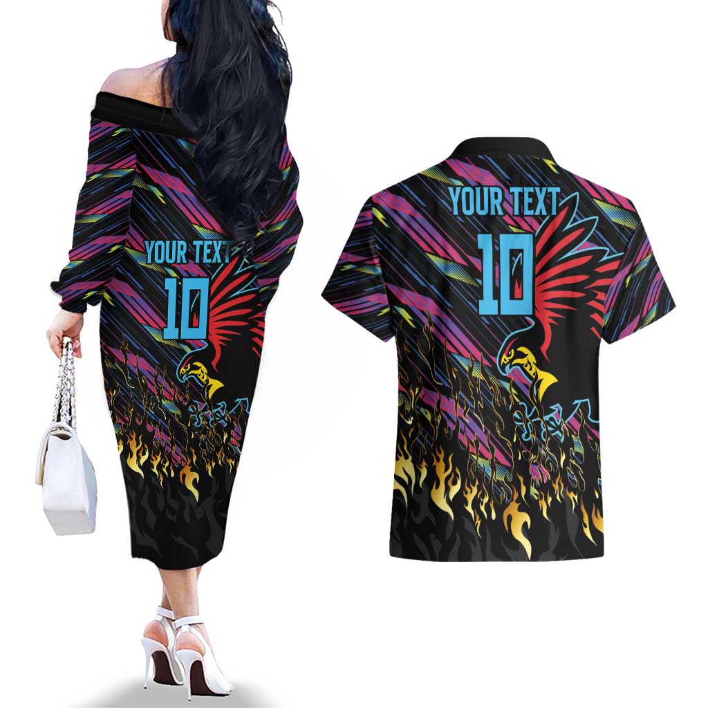 Custom Antigua & Barbuda Cricket Falcons Couples Matching Off The Shoulder Long Sleeve Dress and Hawaiian Shirt Through The Fire - Wonder Print Shop